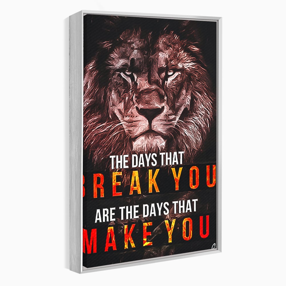 Tablou canvas cu tablou canvas cu leu si mesaj motivational, in rama de aluminiu argintiu